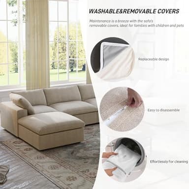 160.6" Cloud Couch Modular Sectional Sofa for Livingroom,Oversized Convertible Sofa with Storage Ottomans,6 Seat Wide Couches,Cushion Covers Removable (Khaki, 6 Seater) - Image 4