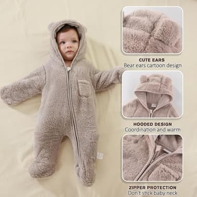 AiWMGL Newborn Baby Bear Outfit Suit With Fold-Over Mittens and Footies Girls Boys 0-3 Months Winter Fleece Clothes Suit Hooded Jumpsuit Romper Snowsuit - Image 4