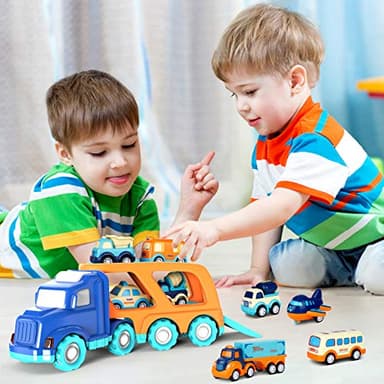 9 Pack Cars Toys for 2 3 4 5 Years Old Toddlers Boys & Girls Gift, Big Transport Truck with 8 Small Cute Pull Back Trucks, Carrier Truck with Sound & Light 13.5 * 5.5 inch, 2.5 *1.6 inch - Image 6