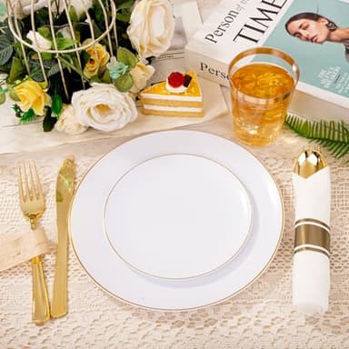 KIRE 350 PCS White and Gold Plates Disposable - Elegant Dinnerware Set of 50 Guest, White Plastic Plates With Gold Rim, Pre Rolled Napkins with Silverware & Cups for Thanksgiving Party/Wedding - Image 5