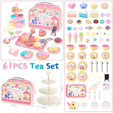 61Pcs Tea Party Set for Little Girls, Dreamland World Tea Set Toys Including Dessert, Cake Stand & Carrying Case, Kids Kitchen Pretend Play for 3 4 5 6 Year Old Girl Birthday Gifts - Image 2