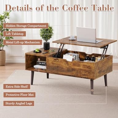 OLIXIS Wooden Coffee Table, Lift Top Coffee Table with Large Hidden Compartment and Ample Storage Shelf, Lift Tabletop Dining Table for Living Room, Home Small Space, Rustic - Image 6