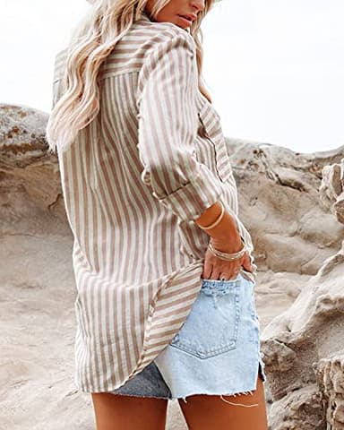 OMSJ Women's Striped Button Down Shirts Casual Long Sleeve Stylish V Neck Blouses Tops with Pockets (S, Brown) - Image 4