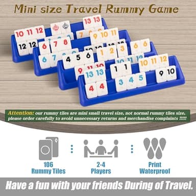 Doublefan Mini Rummy Cube Set, Mini Size Rummy Game with Portable Bag, Small Travel Game for Adult and Kids,106 Tiles, 4 Playing Rack, 1 Dice (2-4 Players) - Image 4