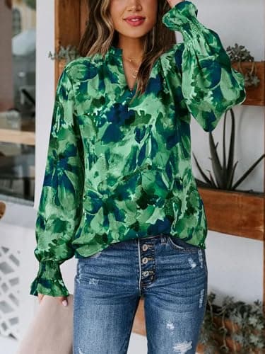 MASCOMODA Womens V Neck Floral Long Sleeve Tops 2025 Summer Casual Loose Puff Sleeve Chiffon Boho Work Blouse Dressy T Shirts(Green Flower,X-Large) - Image 4