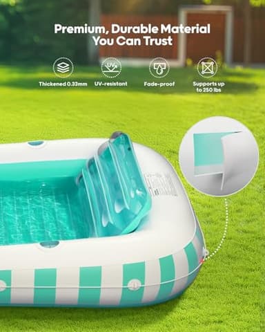 QPAU Inflatable Tanning Pool Float for Adults, 82" x 60" XL Sun Lounger with Removable Pillow, Footrest, Cup Holders, Cushion Base, Durable PVC, for Pool, Patio, Garden, Lake Use - Image 4