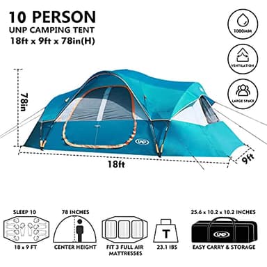 UNP Camping Tent 10-Person-Family Tents, Parties, Music Festival Tent, Big, Easy Up, 5 Large Mesh Windows, Double Layer, 2 Room, Waterproof, Weather Resistant, 18ft x 9ft x78in - Image 3