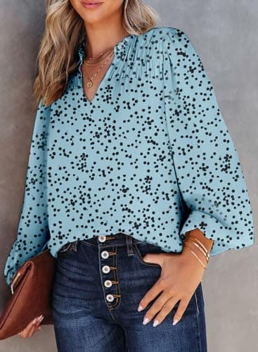Dokotoo Womens Oversized Cute Tops for Women 2025 Trendy Casual Summer Fall Clothes Smocked Long Sleeve Shirts V Neck Blouses Alicia Floral Flowy Print Work Business Top Sky Blue XX-Large - Image 2