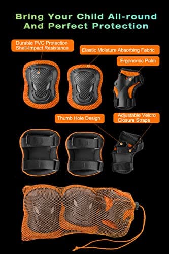 XJD Kids Bike Helmet,Multi-Sport Protective Gear Set for 3-5-8-14 Years Boys Girls with Knee and Elbow Pads Wrist Guards fit Roller Skates,Cycling,Skateboarding,Skating Scooter (Orange, Medium) - Image 4