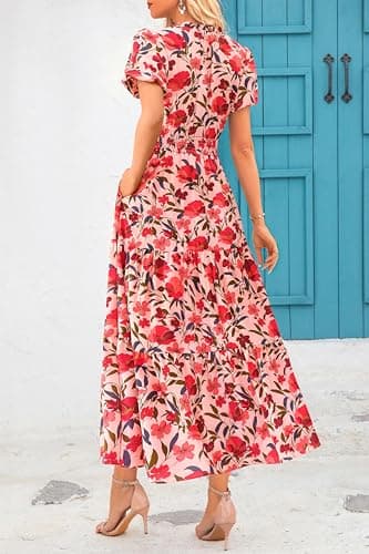 MASCOMODA Summer Maxi Dress for Women 2025 Casual V Neck Puff Short Sleeve Smocked Ruffle Flowy Beach Boho Long Floral Dress(Orange Pink Red Flower,Small) - Image 4