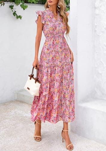 PRETTYGARDEN Women's 2025 Summer Floral Midi Dress Cap Sleeve V Neck Ruffle Long Flowy Boho Casual Beach Vacation Dresses (Floral Wine Red,Small) - Image 4