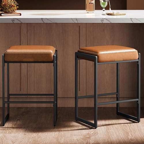 VASAGLE EKHO Collection - Bar Stools Set of 2, Counter Height Bar Stools, Synthetic Leather with Stitching, Mid-Century Modern Counter Stools, 26-Inch Tall, Kichen Home Bar Dining Room, Caramel Brown - Image 1