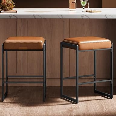 VASAGLE EKHO Collection - Bar Stools Set of 2, Counter Height Bar Stools, Synthetic Leather with Stitching, Mid-Century Modern Counter Stools, 26-Inch Tall, Kichen Home Bar Dining Room, Caramel Brown - Image 1