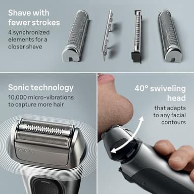 Braun Series 8 Electric Razor for Men, with 4+1 Shaving Elements & Precision Long Hair Trimmer, Close & Gentle Even on Dense Beards, Wet & Dry Electric Razor with 60min Runtime, 8517s Galvano Silver - Image 4