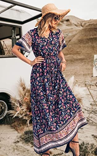 PRETTYGARDEN Women's Casual Summer Boho Floral Print Dress V Neck Short Sleeve High Waist Long Maxi Beach Dresses (Navy,X-Large) - Image 3