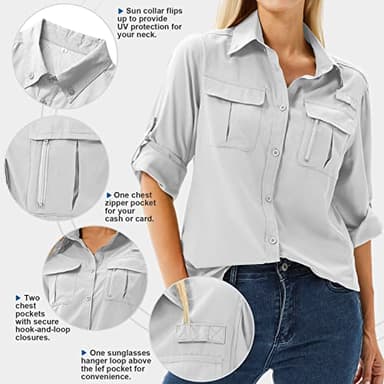 Toumett Women's UPF 50 Long Sleeve UV Sun Protection Safari Shirts Outdoor Quick Dry Fishing Hiking Travel Shirts(5071,Grey,S) - Image 3