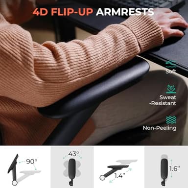 CAPOT Ergonomic Mesh Office Chair, Adjustable Lumbar High Back Desk Chair 400lbs, 4D Flip-up Arms, 3-Level Tilt Backrest, 3D Headrest, PU Wheels, Swivel Rolling Computer Seating for Long Desk Work - Image 4