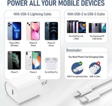 Fast Charger for iPhone 14 13 12 Charge Fast Charging, 2Pack 6FT+10FT USB C to L Cable with 20W USB C for i Phone Charger Block, Compatible with iPhone 14 13 12 Pro/14 Plus/13 Pro Max - White - Image 5