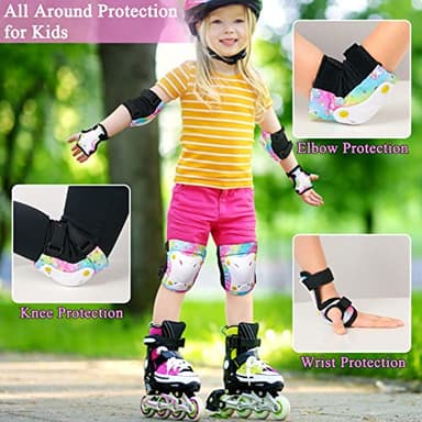 FIODAY Knee Pads for Kids Unicorn Knee Elbow Pads Wrist Guards with Drawstring Bag Adjustable Protective Gear Set for Girls Boys Inline Skating Bike Cycling Skateboard Scooter, 3-8 Years, Rainbow - Image 2