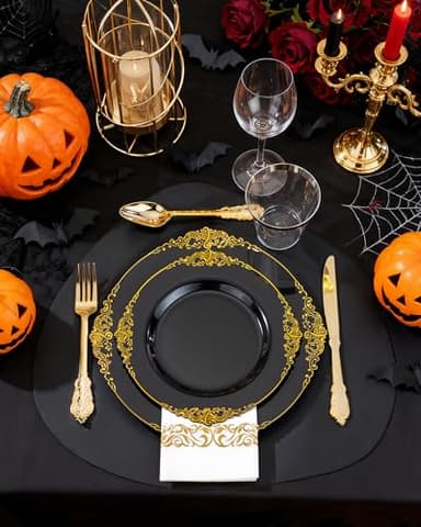 Nervure 350PCS Black Plastic Plates - Black Plastic Dinnerware Sets for 50 Guests - 100 Disposable Plates, 150 Gold Silverware, 50 Cups, 50 Napkins for Wedding & Party & Halloween - Image 6