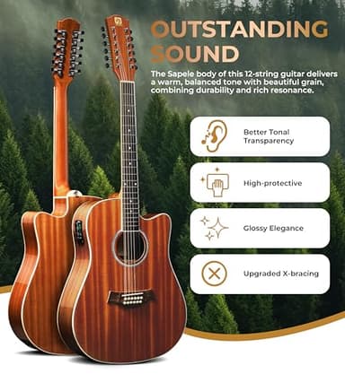 Vangoa 12 String Guitar Acoustic Electric, Upgraded Guitar 12 Strings Bundle for Beginner Intermediate Adults Teens, Guitarra de 12 Cuerdas, Sapele Body Bone Nut, Brown Glossy - Image 3