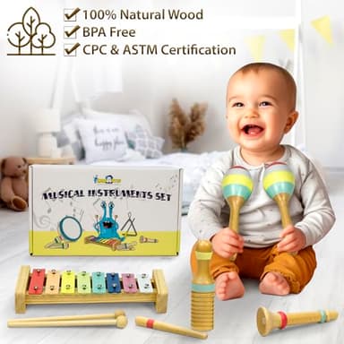 MINIARTIS Baby Musical Instruments Set - Montessori Musical Toys for Toddlers 1-3 | Modern Boho Kids Xylophone with Songbook | Neutral Colors Wooden Percussion Instruments | Preschool Educational 3+ - Image 3