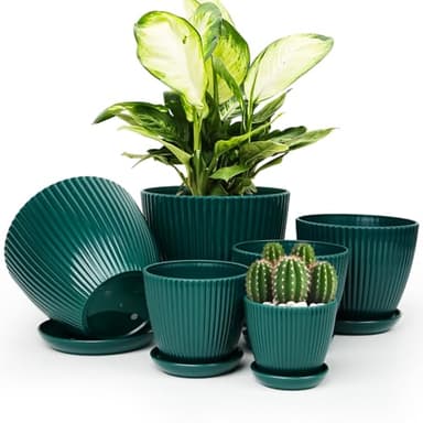 Vodotion - Plant Pots Indoor with Saucers & Drainage - 6 Pack Flower Pots - Plastic Planters for Indoor Planter - 7.5/6.6/5.8/5.0/4.3/3.5 inches Sizes for All Different Types of Plants-Dark Green - Image 1