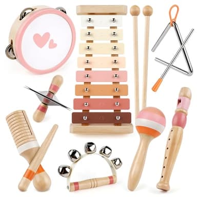 Musical Instruments for Girls - Toys for 2 3 Year Old Girl Birthday Gifts - 8 in 1 Wooden Montessori Musical Set with Xylophone/Tambourine/Maracas/Flute for Toddler 2-4(Pink) - Image 1