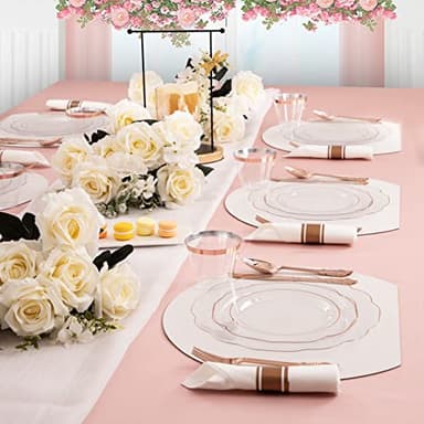 NOCCUR 350PCS Rose Gold Plastic Plates - Clear Rose Gold Disposable Dinnerware Set - Include 100 Dinner/Dessert Plates,50 Cups,50 Pre Rolled Napkins with Cutlery Set - Ideal for Party&Wedding - Image 6