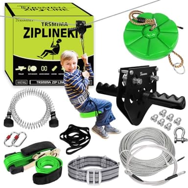 TRSMIMA Zipline Kit for Kids and Adult 200ft Zipline with Spring Brake Safety Harness Zip line Trolley Ratchet Tighten System Support 330 lbs - Image 1