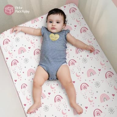FIEMOL Baby Mini Crib Sheets Girl, Portable 38”x26” Pack and Play Sheets Fitted for Playard and Pack N Play Mattress, 3-Pack Soft Microfiber Pink Rainbow - Image 6