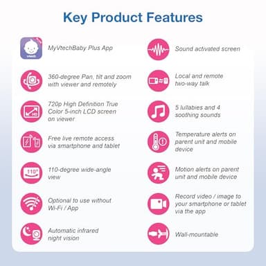 VTech Upgraded Smart WiFi Baby Monitor, 1080p FHD Camera and 5" HD IPS Display, Free App with Motion Video, Sound/Motion Detection and Notifications, Fully Remote Pan-Tilt-Zoom: VM901 - Image 2