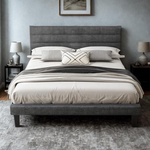 VINGLI Platform Bed Frame Queen Size with Linen Fabric Headboard,Modern Panel Low Profile Bed with Upholstered & Sturdy Slats Support for Bedroom, Mattress Foundation, Dark Gray - Image 1