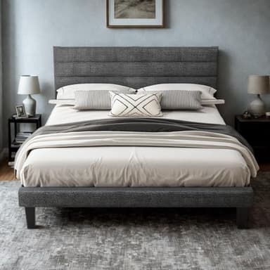 VINGLI Platform Bed Frame Queen Size with Linen Fabric Headboard,Modern Panel Low Profile Bed with Upholstered & Sturdy Slats Support for Bedroom, Mattress Foundation, Dark Gray - Image 1