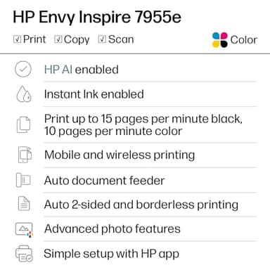 HP Envy Inspire 7955e Wireless Color Inkjet Printer, Print, scan, copy, Easy setup, Mobile printing, Best-for-home, 3 month Instant Ink trial included, AI-enabled (1W2Y8A) - Image 2