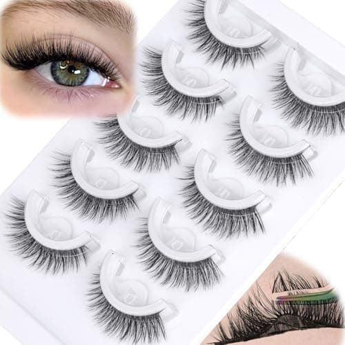 Self Adhesive Eyelashes Short 8-14mm Natural Self Adhesive Lashes No Glue Needed Invisible Band Reusable Press On Lashes without Eyeliner Cat Eye Pre Glued Mink Lashes 5 Pairs False Lashes by YDAGKH - Image 1