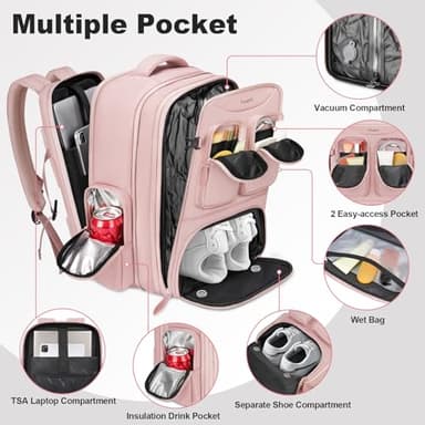 Taygeer Vacuum Backpack, Expandable Vacuum Seal Carry on Backpack with Rain Cover, 17'' laptop Compression Backpacks Travel with Shoe Compartment, TSA Approved Personal Item Compression Back Pack,Pink - Image 4