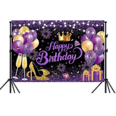YinQin 63 PCS Purple Gold Happy Birthday Party Balloons Set with Photo Backgrounds Backdrops Banner Cloth Confetti Balloon Purple Golden Happy Birthday Party Supplies Decorations for Girl Women - Image 7