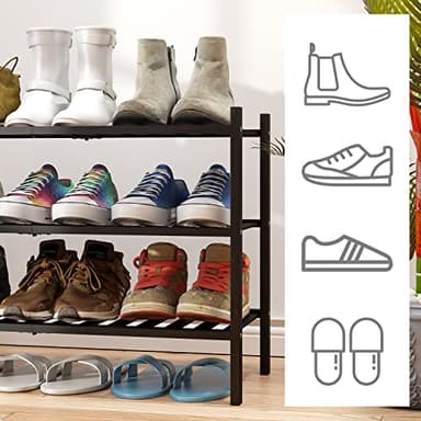 3-Tier Black Bamboo Shoe Rack for Entryway, Stackable | Foldable | Natural, Shoe Shelf Storage Organizer for Hallway Closet, Free Standing Shoe Racks for Indoor Outdoor - Image 3