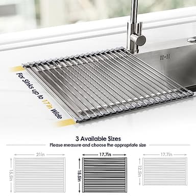 Tomorotec 17.7" x 15.5" Roll Up Dish Drying Rack Over Sink Drying Rack Sink Cover Kitchen Sink Accessories Gadget Multipurpose Organizer Foldable Stainless Steel Drainer (Grey) - Image 4