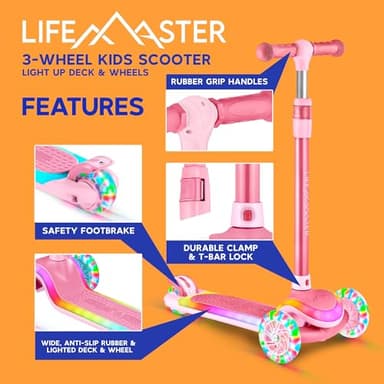Lifemaster 3-Wheel Kids Scooter with Multi-Color Lights on Deck & Wheels – 5-Height Adjustable Handlebar, Wide Anti-Slip Deck, Child Safety Certified, Boys & Girls Ages 3+ Supports Up to 150 lbs, Pink - Image 5