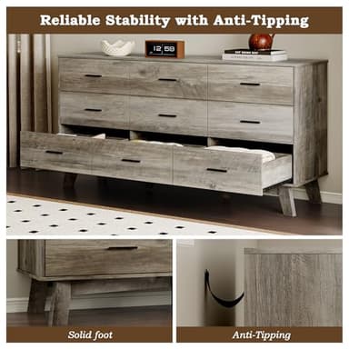 BORNOON Dresser for Bedroom with 9-Drawer, 59" Wide Modern Chest of Drawers with Metal Handles, X-Shape Base & Adjustable Center Leg, Anti-Tip Closet Organizers and Storage - Image 6