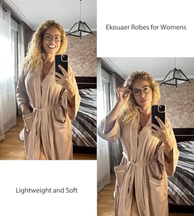 Ekouaer Women Robes Waffle Knee Length Bathrobe Lightweight Soft Sleepwear V neck 3/4 Sleeve Casual Ladies Loungewear Pink M - Image 3