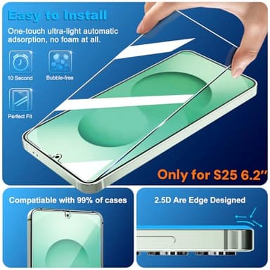 firtstnow 3 Pack Glass Screen Protector for Samsung Galaxy S25 [6.2 inch] + 3 Pack Camera Lens Protector, 9H Tempered Glass, Fingerprint Unlock, HD Clear Case Friendly Anti-Scratch - Image 4