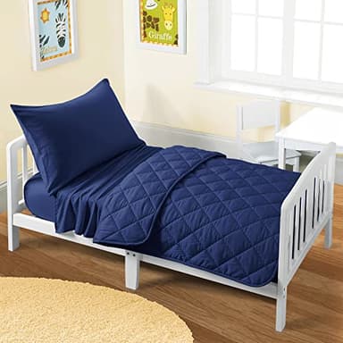 FLXXIE 4 Pieces Toddler Bedding Set, Soft and Breathable Microfiber Crib Sheet Set, Includes Quilted Comforter, Flat Top Sheet, Fitted Sheet, Envelope Pillow Case for Boys and Girls, Navy Blue - Image 8
