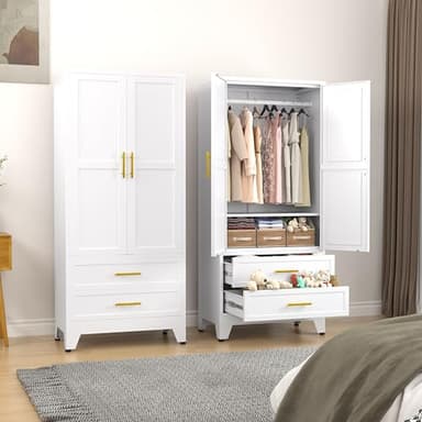 erosoei Metal Armoire Wardrobe Closet, 71 "Metal Clothing Storage Cabinet with Adjustable Shelves and Hanging Rod, Household Steel Wardrobe Storage Cabinet with Drawers (armoire-White) - Image 7
