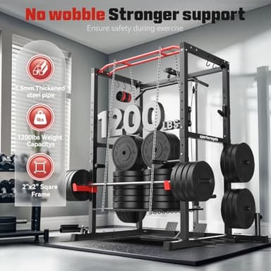 Sportsroyals Power Rack, Multi-Functional Power Cage with LAT Pulldown Pulley System, Squat Rack with More Training Attachments for Home Gym (Red)，1200 lbs Weight Capacity - Image 2
