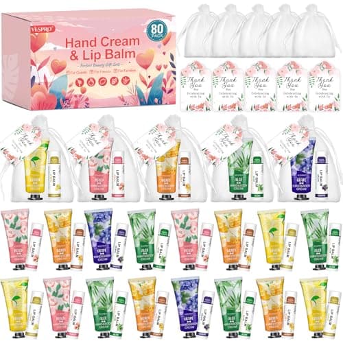 80 Sets Bulk Hand Cream and Bulk Lip Balm Gifts, Bridesmaid Gifts, Baby Shower Party Favors and Bridal Shower Gifts for Guests with Thank You Card Organza Bags, Thank You Gifts for Coworkers Women - Image 1