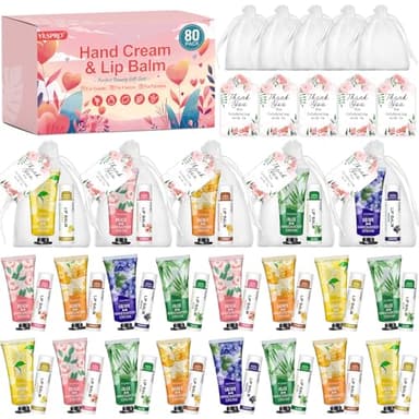 80 Sets Bulk Hand Cream and Bulk Lip Balm Gifts, Bridesmaid Gifts, Baby Shower Party Favors and Bridal Shower Gifts for Guests with Thank You Card Organza Bags, Thank You Gifts for Coworkers Women - Image 1