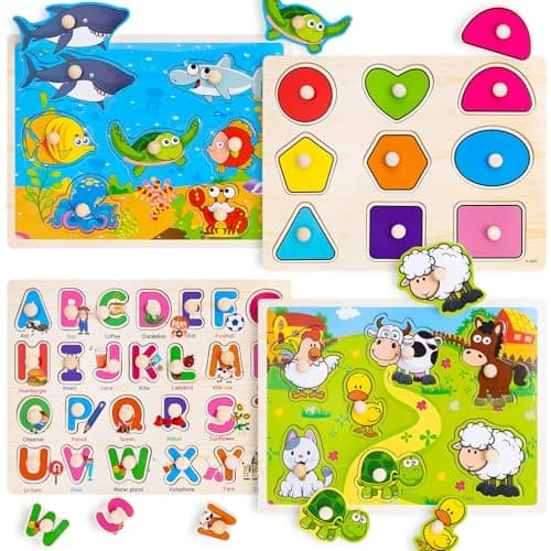Wooden Peg Puzzles for Toddlers 2 3 4 Year Old, 4 Pack Montessori Toys Preschool Learning Puzzles for Toddlers 1-3 with Animals, Shapes, Alphabet, Wooden Toddler Toys Gifts for Kids Boys Girls - Image 1